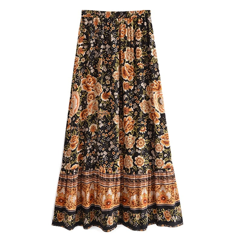 Boho Skirt, Maxi Skirt, Maryam Black Gold Flower - Wild Rose Boho