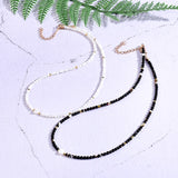 Boho Necklace,Seed Bead Choker, Black and White Crystal