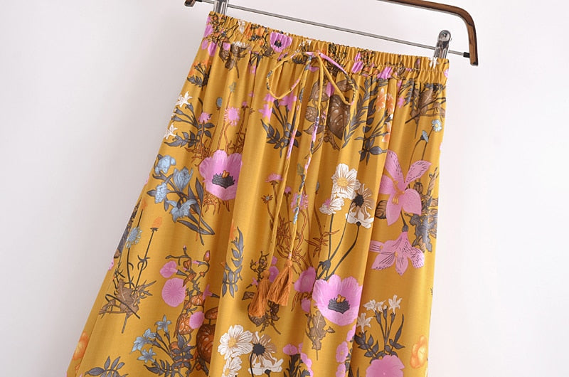 Boho Skirt, Maxi Skirt, Adrienne Flower in Yellow and Pink - Wild Rose Boho