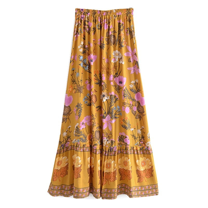 Boho Skirt, Maxi Skirt, Adrienne Flower in Yellow and Pink - Wild Rose Boho