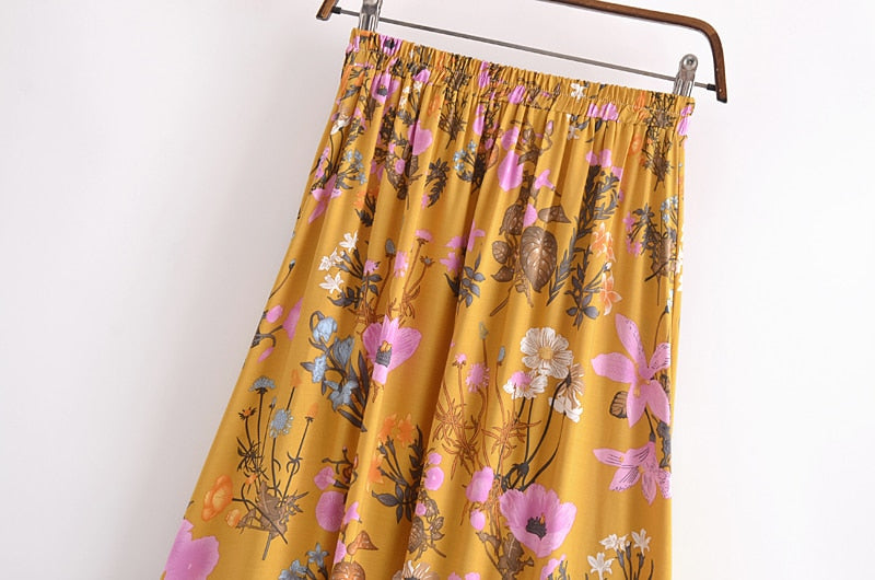 Boho Skirt, Maxi Skirt, Adrienne Flower in Yellow and Pink - Wild Rose Boho