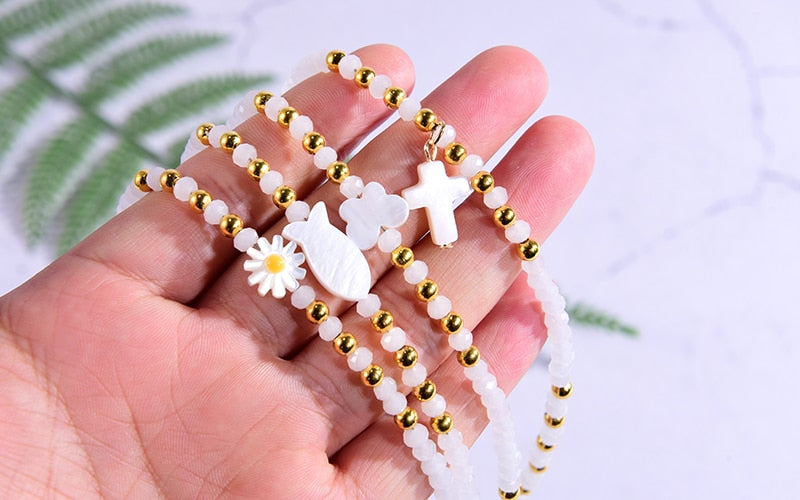 Boho Personalized Custom Necklace, White Crystal Layered Choker, Daisy Garden