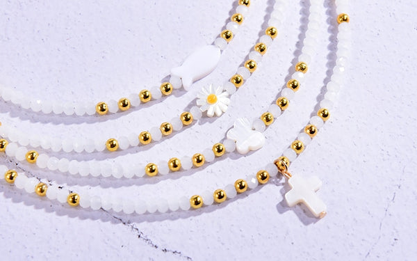 Boho Personalized Custom Necklace, White Crystal Layered Choker, Daisy Garden