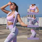 Yoga Set, Yoga Legging, Printed Workout 3 Piece Set Hooded Shirt Top, Vest and Legging, Tie-dye Fitness in Blue