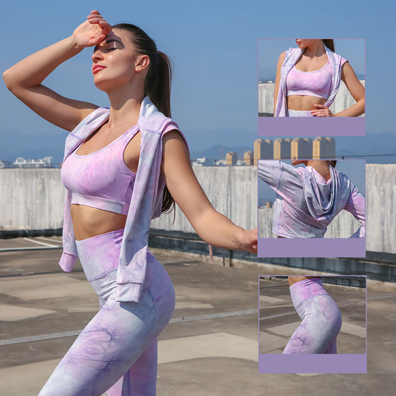 Yoga Set, Yoga Legging, Printed Workout 3 Piece Set Hooded Shirt Top, Vest and Legging, Tie-dye Fitness in Pink