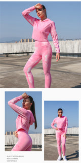 Yoga Set, Yoga Legging, Printed Workout 3 Piece Set Hooded Shirt Top, Vest and Legging, Tie-dye Fitness in Pink