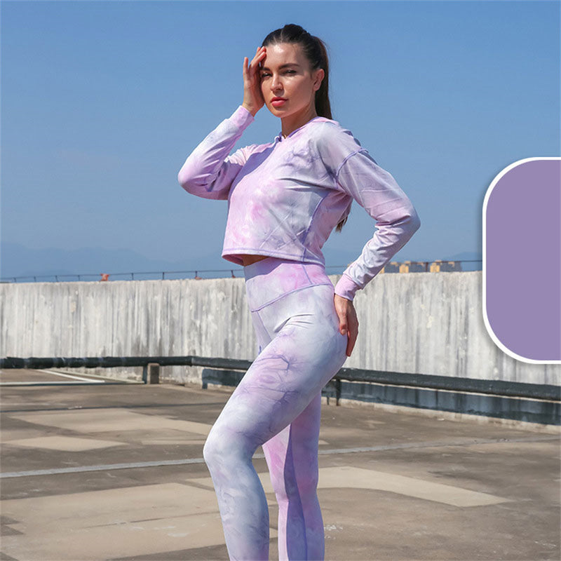 Yoga Set, Yoga Legging, Printed Workout 3 Piece Set Hooded Shirt Top, Vest and Legging, Tie-dye Fitness in Purple