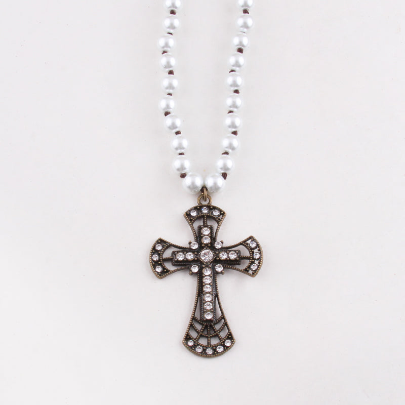 Boho Necklace, RH Precious Pearl, Cross