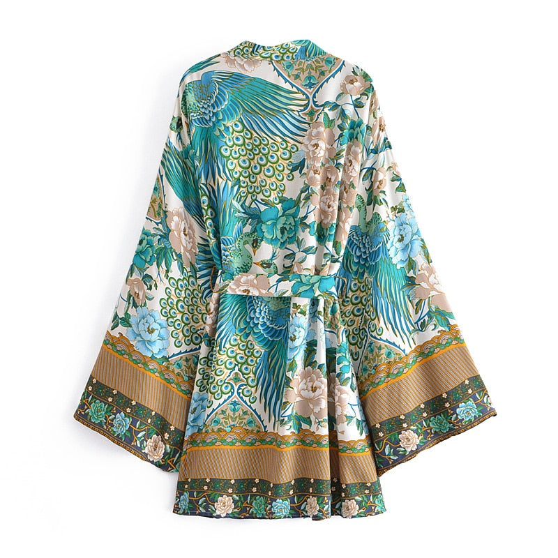 Boho Robe, Kimono Robe,  Beach Cover up, Short Robe, Flamingo in Green