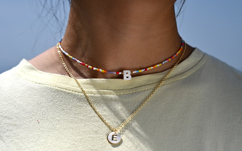 Boho Personalized Custom Necklace, Seed Bead Choker, Pearl Letter Name White