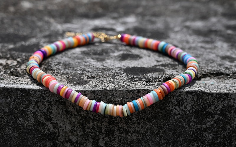 Boho Necklace, Seed Bead Choker, Colorful Shell
