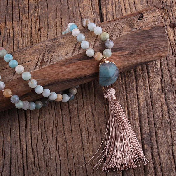 Boho Necklace, RH Amazonite Jasper, Moon Stone, Green Brown, Pink