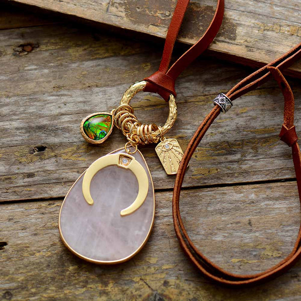 Boho Necklace, Rose Quartzs Opal Horseshoe Evil Eye Charms Leather Pendant Neckles