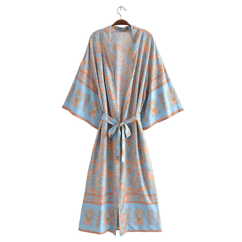 Boho Robe, Kimono Robe,  Beach Cover up, Blue Rose of Oceane