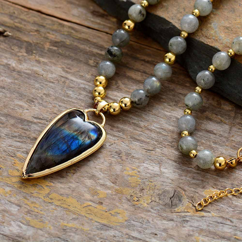 Boho Necklace, Seed Beads Gems Stone Heart Pendant Necklace