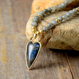 Boho Necklace, Seed Beads Gems Stone Heart Pendant Necklace