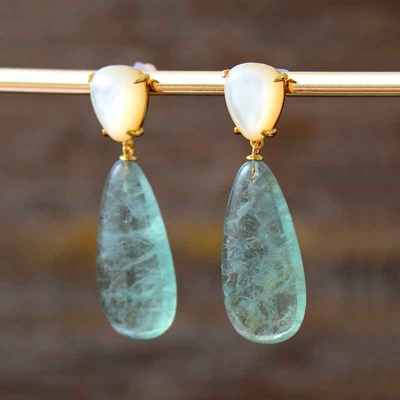 Boho Earrings, Dangle Earrings, Fluorite Shell Stud