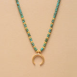 Boho Necklace, Seed Beads Gold Horn Evil Eye Heart Pendant