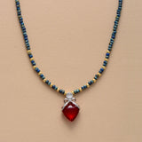Boho Necklace, Seed Beads Gold Horn Evil Eye Heart Pendant