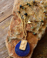 Boho Necklace, Teardrop Lapis Luzuli Gold Chain Onyx Pendant