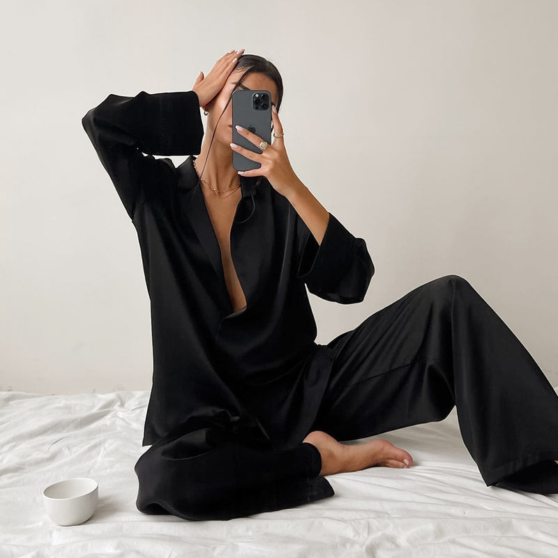 Boho Pajamas, Pajamas Sets for Women, PJ Satin Corinne in Black, Blue Green and Green