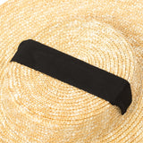 Boho Hat, Sun Beach Hat, Wide Brim Straw Hat 12 cm, Flat Top Black, White Ribbon
