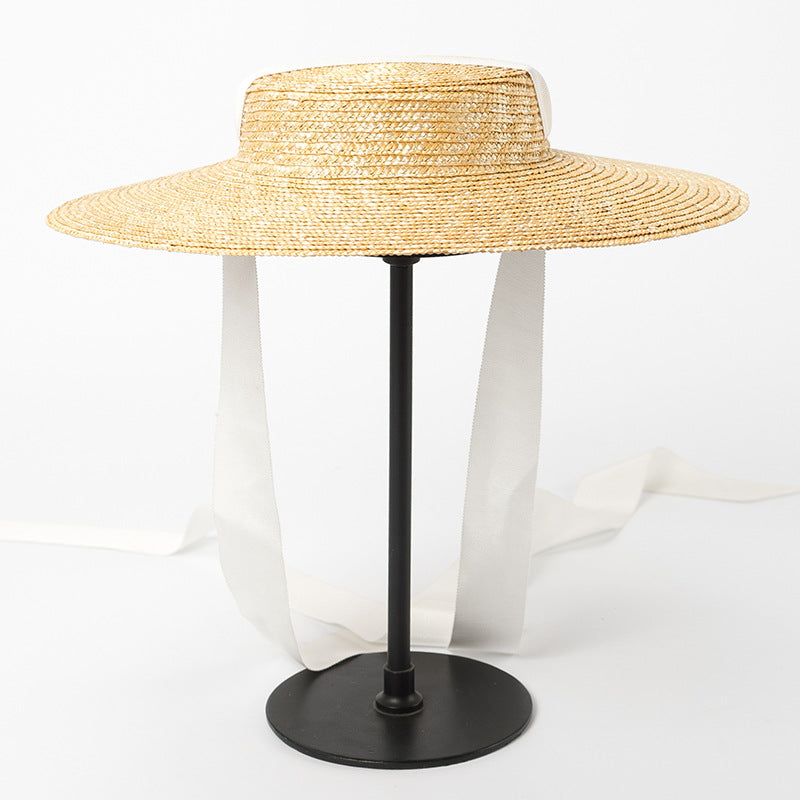 Boho Hat, Sun Beach Hat, Wide Brim Straw Hat 12 cm, Flat Top Black, White Ribbon