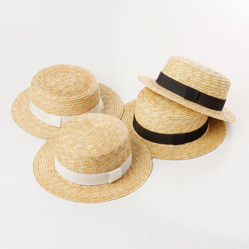 Boho Hat, Kid Hat, Sun Hat, Little Girl Straw Hat, Emma White and Black Ribbon