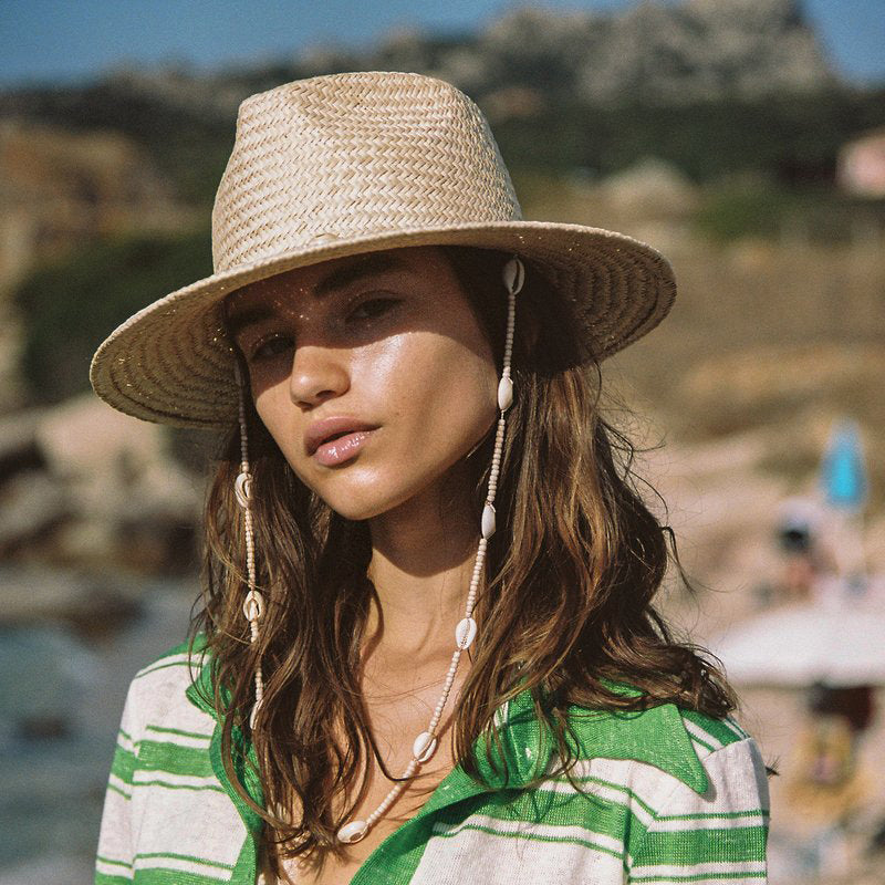 Boho Hat, Sun Hat, Beach Hat, Paper Straw Fedora Hat, Chloe Brown and White with Shell