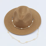 Boho Hat, Sun Hat, Beach Hat, Paper Straw Fedora Hat, Chloe Brown and White with Shell