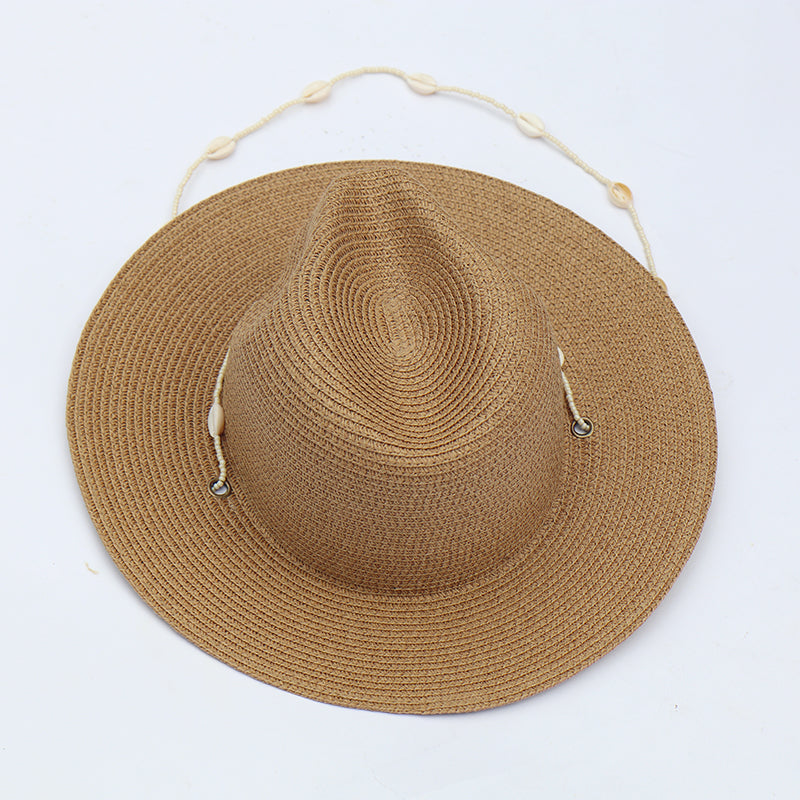 Boho Hat, Sun Hat, Beach Hat, Paper Straw Fedora Hat, Chloe Brown and White with Shell