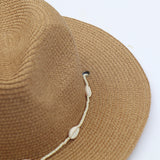 Boho Hat, Sun Hat, Beach Hat, Paper Straw Fedora Hat, Chloe Brown and White with Shell