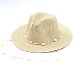 Boho Hat, Sun Hat, Beach Hat, Paper Straw Fedora Hat, Chloe Brown and White with Shell