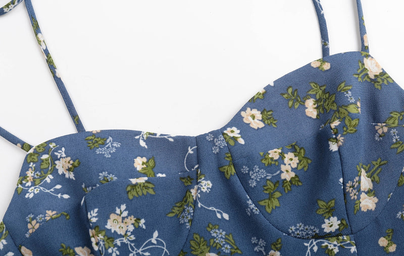 Boho Midi Dress, Strappy Sundress, Blue Flower