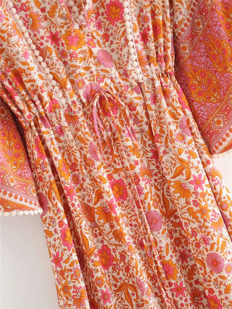 Boho Midi Dress, Sundress, Kaftan Dress, Indian Flower in Pink