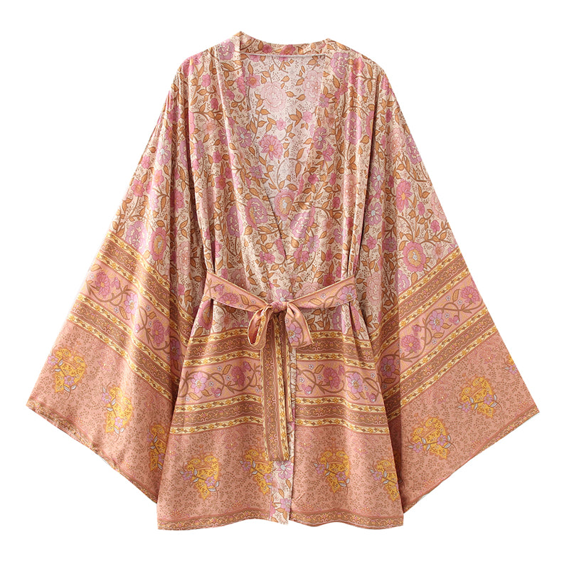 Boho Robe, Kimono Robe,  Beach Cover up, Short Robe, Pink Verbena
