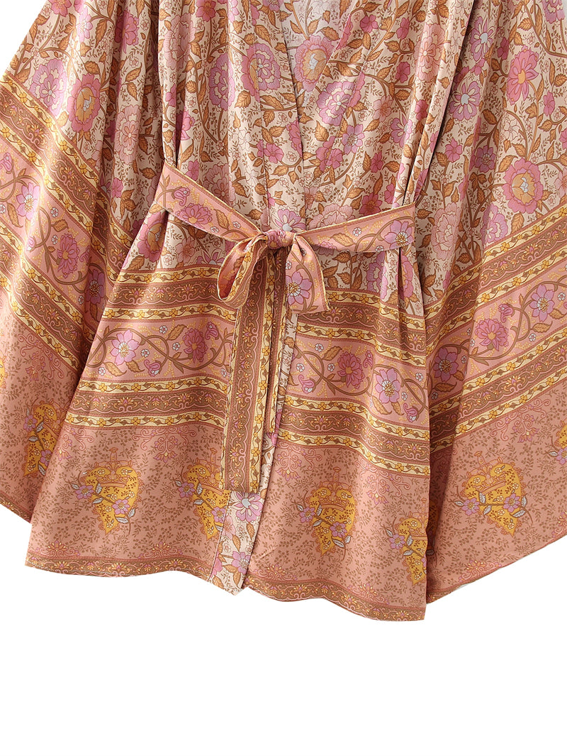 Boho Robe, Kimono Robe,  Beach Cover up, Short Robe, Pink Verbena