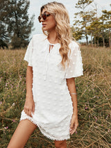 Boho Mini Dress Tunic Dress, White Dot