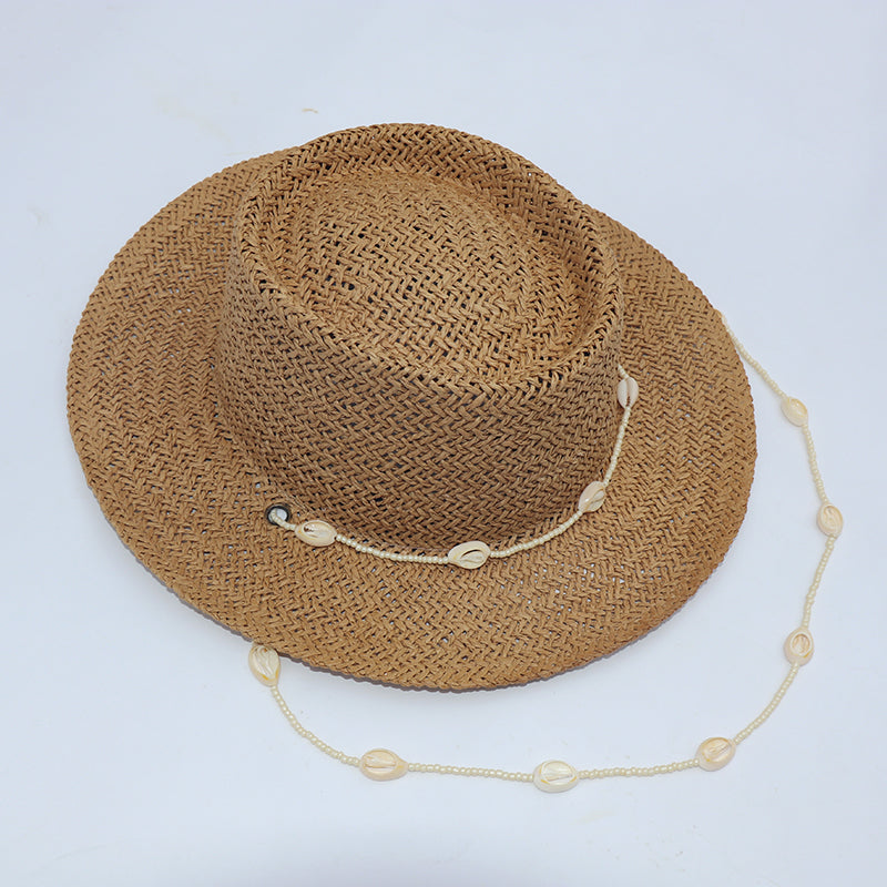 Boho Hat, Sun Hat, Beach Hat, Paper Straw Hat, Chloe Brown and Beige with Shell