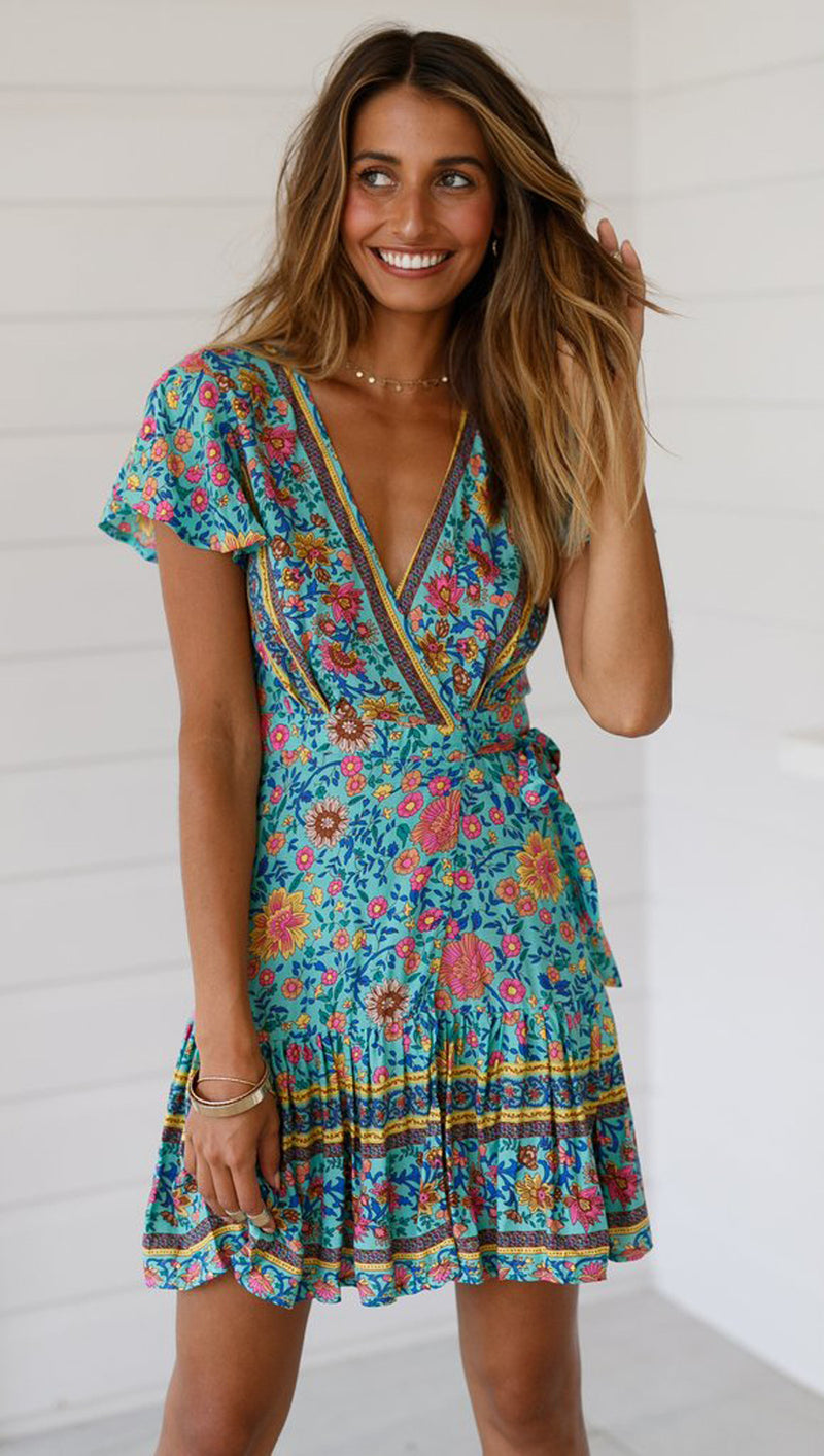 Boho Mini Dress, Sundress, Wrap Dress, Gypsy Flower in White and Blue green / M