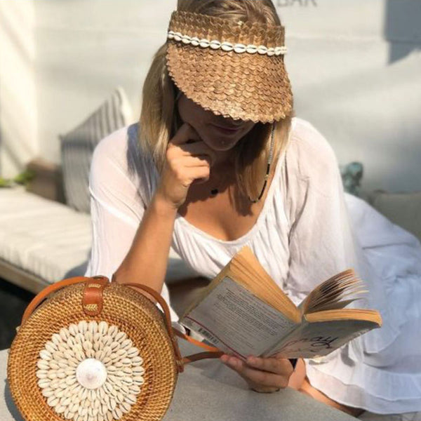 Boho Hat, Sun Hat, Beach Hat, Shade Visor Beige Straw Cap, Sofia with Shell