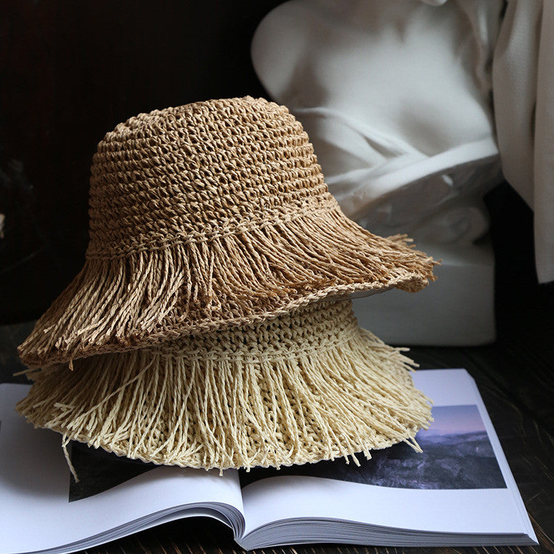 Boho Hat, Beach Sun Hat, Grass Flod Hat Mila in White and Caramel