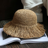 Boho Hat, Beach Sun Hat, Grass Flod Hat Mila in White and Caramel
