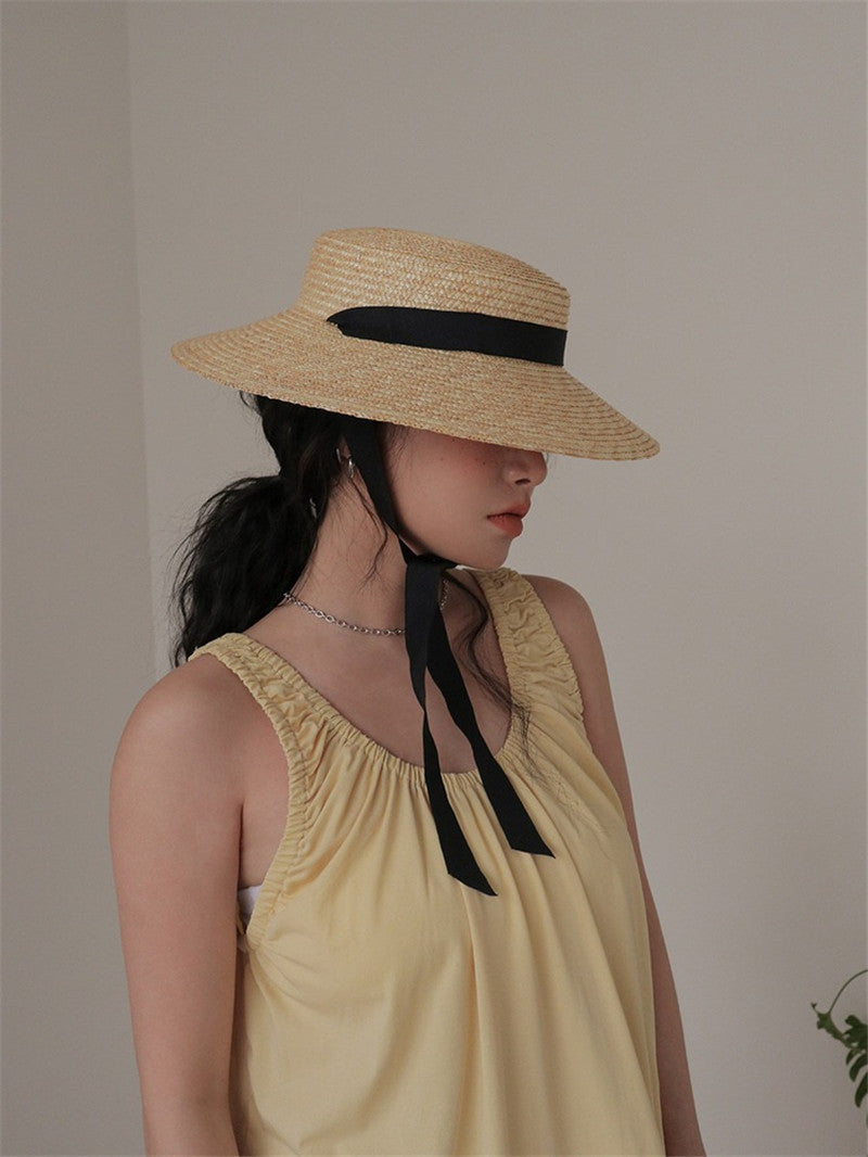 Boho Hat, Sun Hat, Beach Hat, Wide Brim Straw, Leah Black Ribbon
