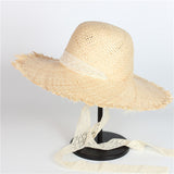 Boho Hat, Sun Beach Hat, Vintage Raffia Straw Hat Leah Lace Ribbon