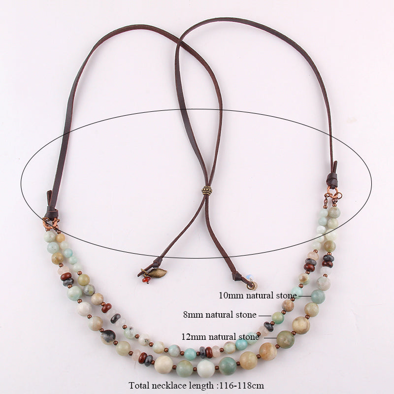 Boho Necklace, RH Precious Natural Stones Links with Leather