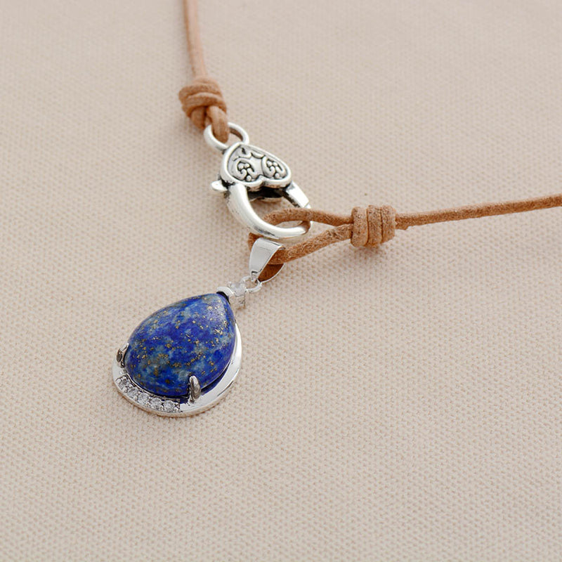 Boho Necklace,Lapis Lazuli  Pendant Leather