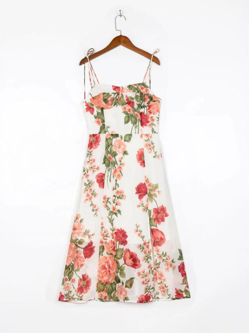 Boho Midi Dress, Strappy Sundress, White Rose Garden