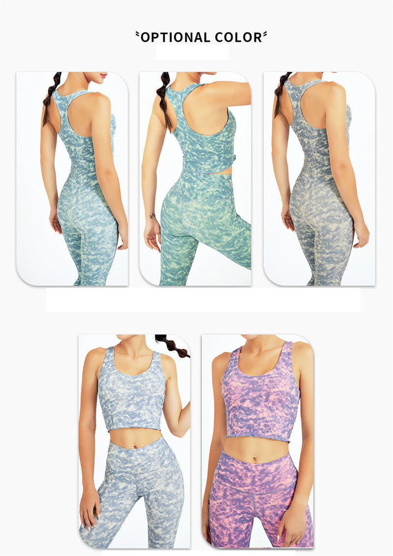 Yoga Set, Yoga Legging, Printed Workout 3 Piece Set Hooded Shirt Top, Vest and Legging, Tie-dye Fitness in Khaki