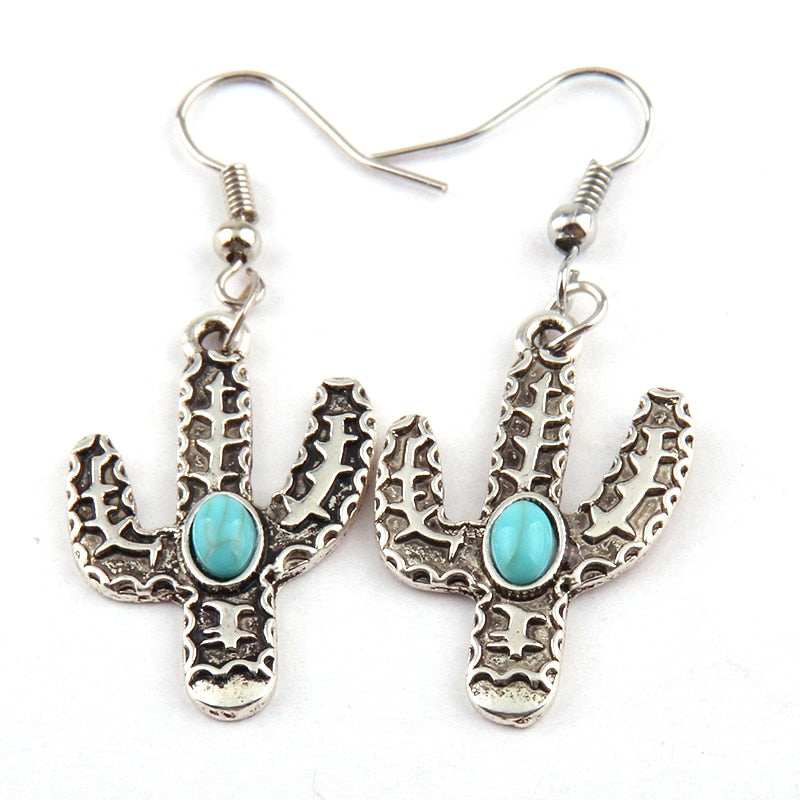 Boho Earrings, RH Dangle Earrings, Blue Cactus - Wild Rose Boho